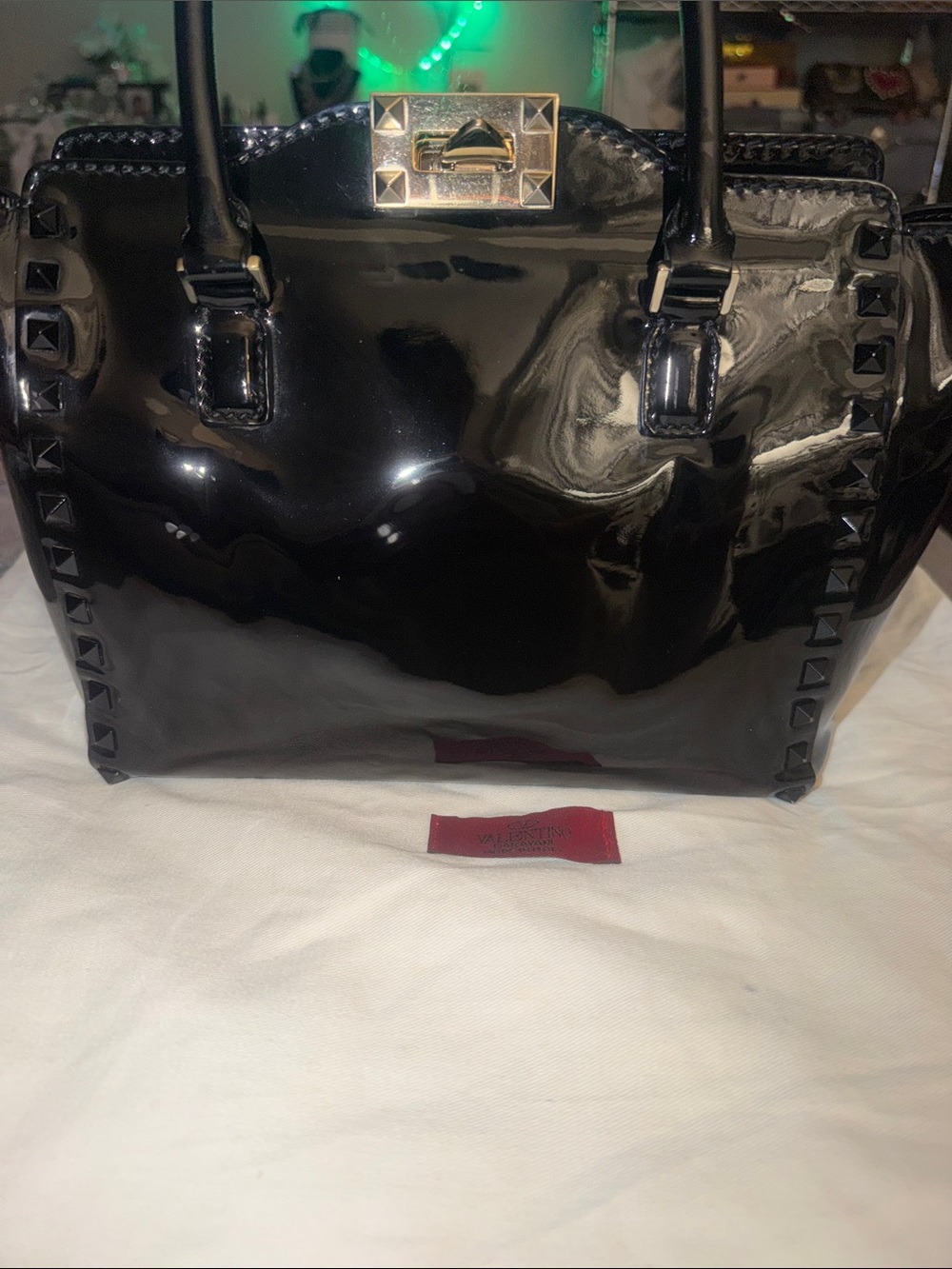 Preloved Valentino Garavani Black Patent Studded Tote Bag with gold hardware Db.